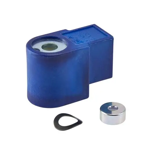 Blaues Gehäuse mit einer Öffnung. Danfoss Zubehörteil mit einer runden Metallplatte und einem kleinen, gebogenen Haltering.
